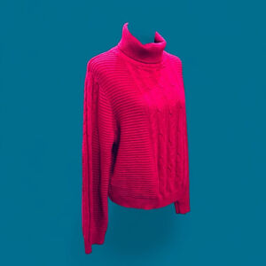 Preppy Ski BCBG Paris Women’s Cable Knit Turtleneck Sweater XL Hot Pink Fuchsia